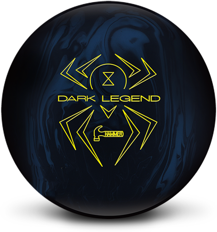 A blue and black colored bowling ball with the Black Widow Dark Legend in bright yellow centered prominently,
