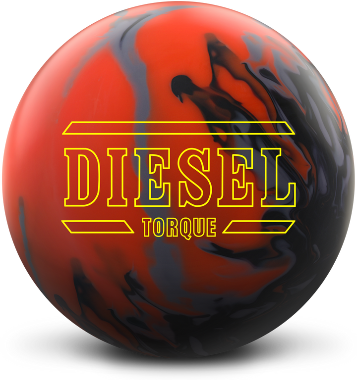 An orange, grey, and black colored bowling ball with the Diesel Torque logo in bright yellow centered prominently.