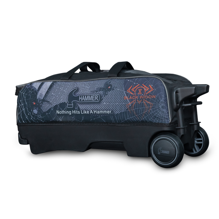 The Hammer Black Widow Hybrid Triple Roller lying flat with Black Widow graphics printed on the side panel in a three quarter view with the base showing.