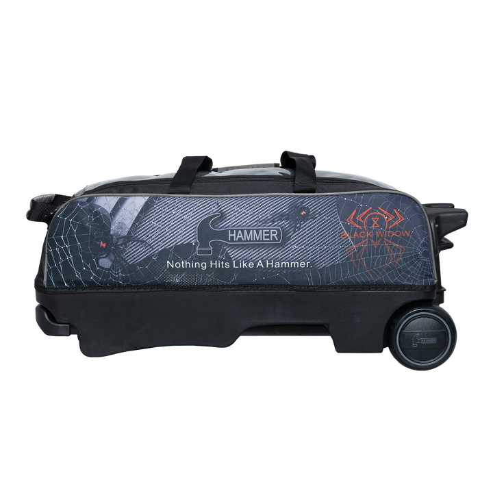 The Hammer Black Widow Hybrid Triple Roller lying down with Black Widow graphics printed on the side panel.