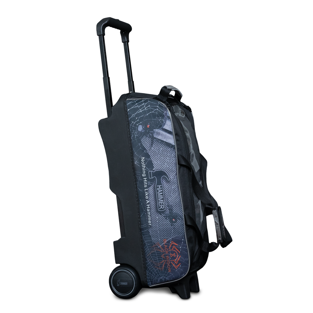 The Hammer Black Widow Hybrid Triple Roller in the upright position with the handle extended and Black Widow graphics printed on the side panel.