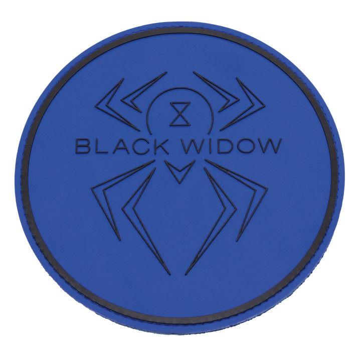 A round shammy pad with a blue, rubber front with the Black Widow logo and a thicker line near the edge of the circle shape molded in black into the rubber.