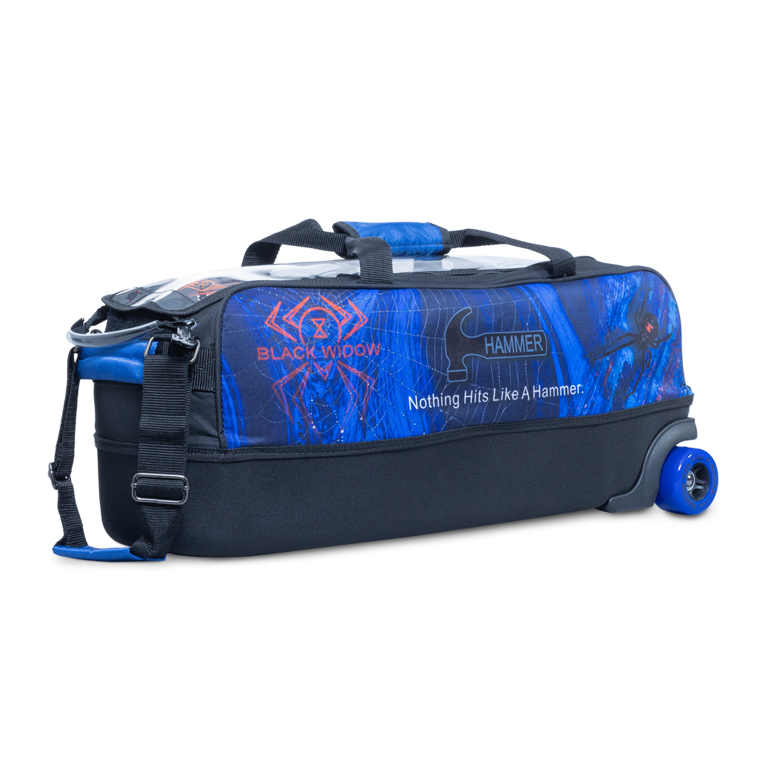 Black Widow Blue Dye-Sub triple tote three-quarter view facing right.