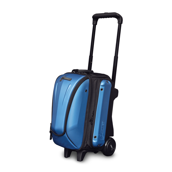 Hammer Carbon Shield Blue Double Roller three quarter view facing left with the handle extended.