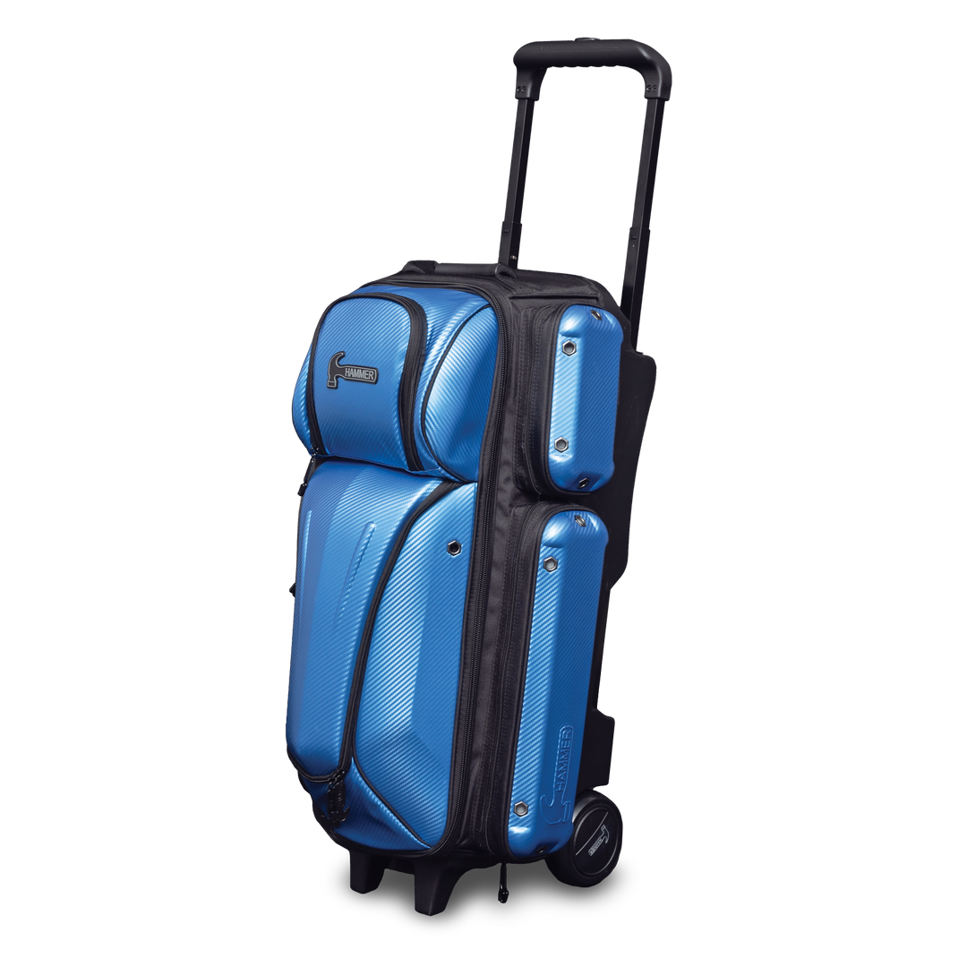 Carbon Shield Triple Roller Blue three quarter view facing left with the handle extended.