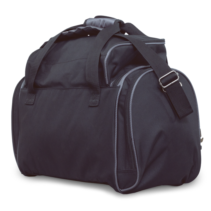 Premium Deluxe Double Tote black / grey three quarter rear view facing left.