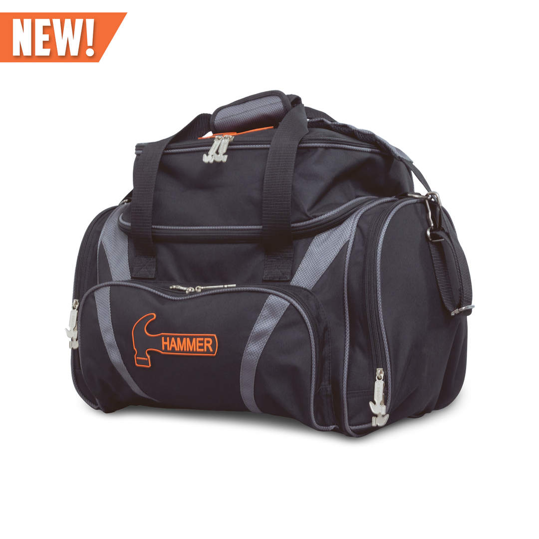Premium Deluxe Double Tote black / grey three quarter front view facing left with the word, "NEW!" at the top.