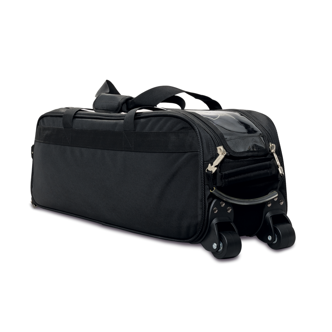 Premium Slim Triple Tote Black three quarter side view with wheels facing right.