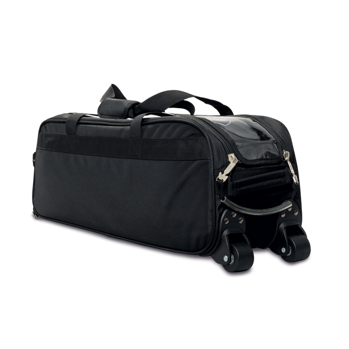 Premium Slim Triple Tote Black three quarter side view with wheels facing right.