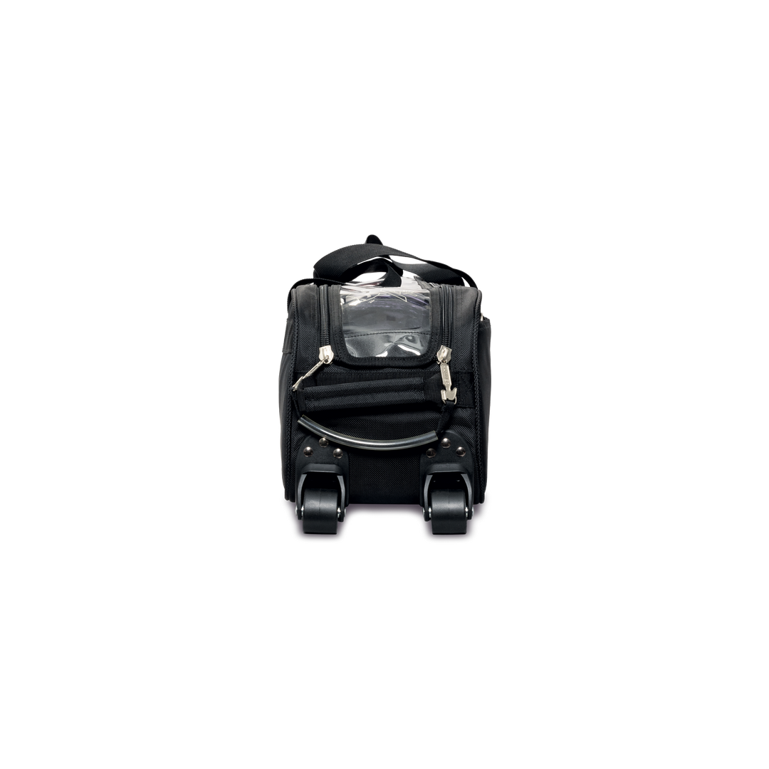 Premium Slim Triple Tote Black end view looking straight on at wheels.