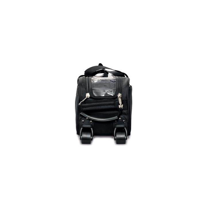 Premium Slim Triple Tote Black end view looking straight on at wheels.