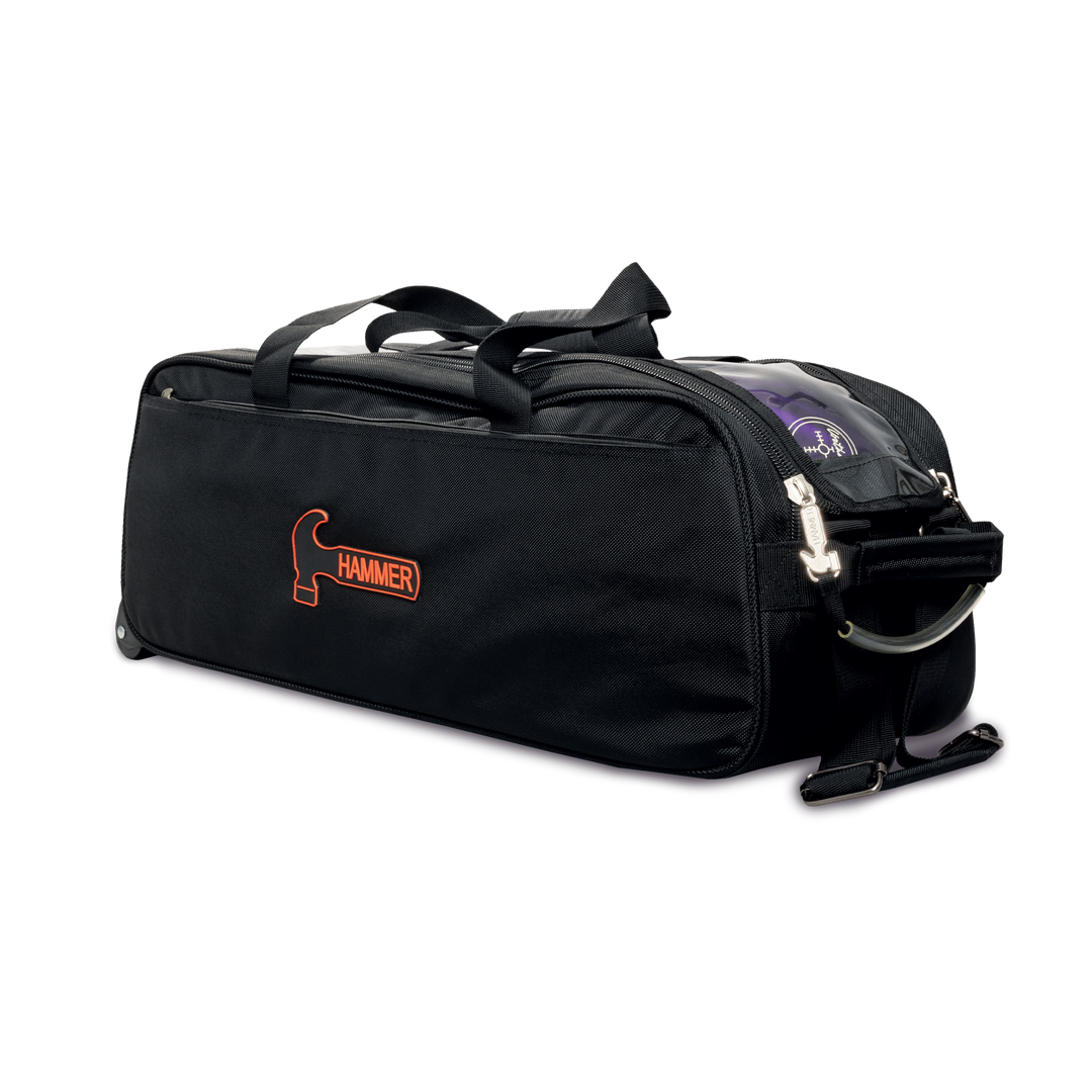 Premium Slim Triple Tote Black three quarter side view with handle facing right.