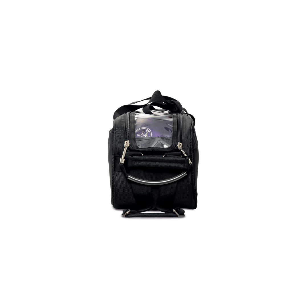 Premium Slim Triple Tote Black end view looking straight on at pull handle.