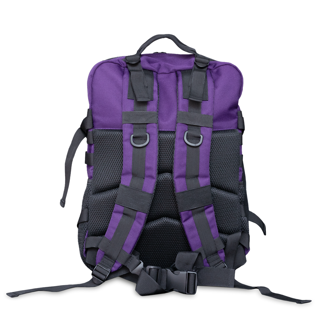 A purple backpack with black straps looking at the backside.