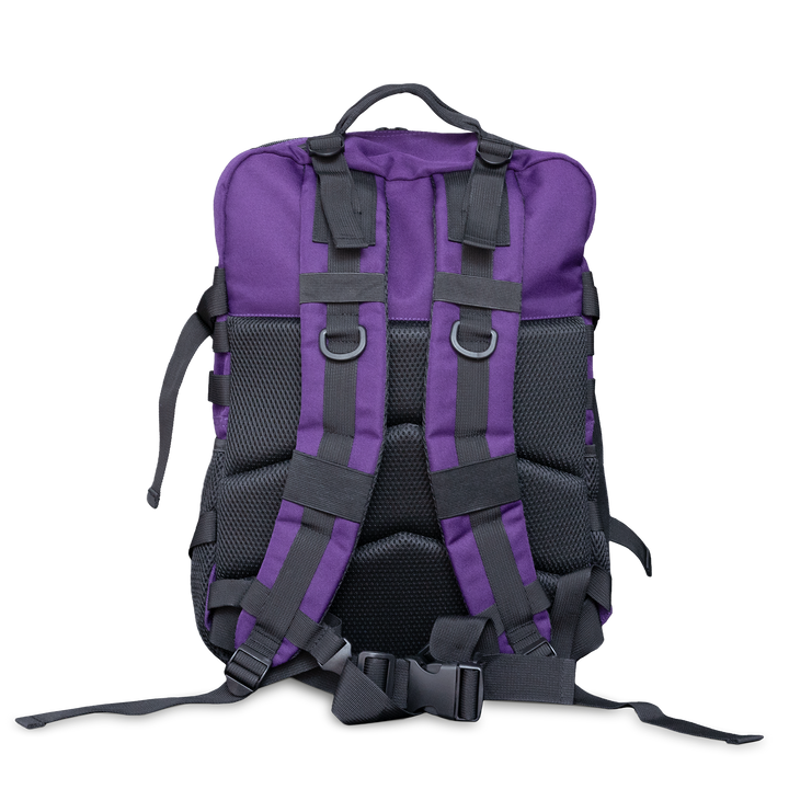 A purple backpack with black straps looking at the backside.