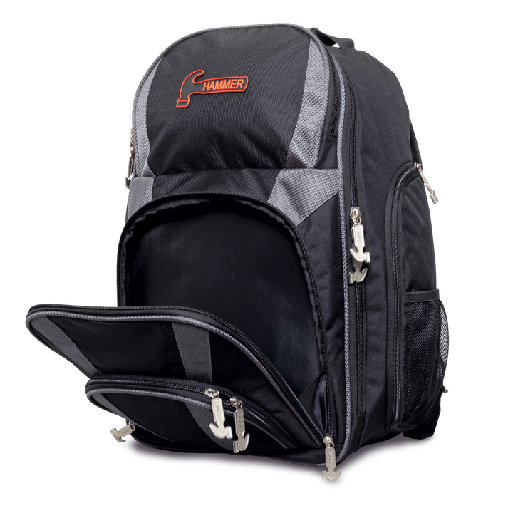 Tournament Backpack three quarter front view facing left with front pocket open.