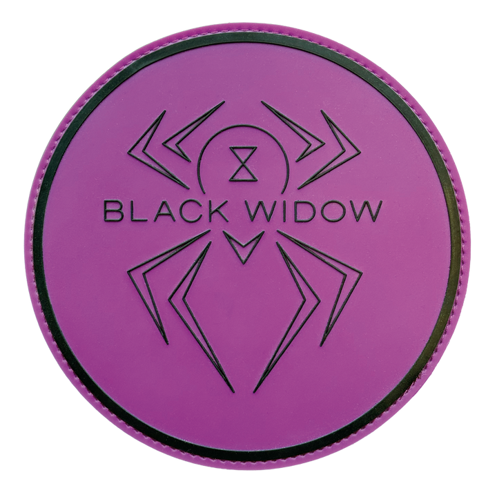 The front side of the Hammer Black Widow Rubber Shammer in ultra violet color with the Black Widow logo in black centered prominently.