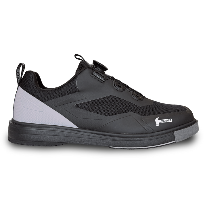 A black shoe with grey accents in a side profile view.