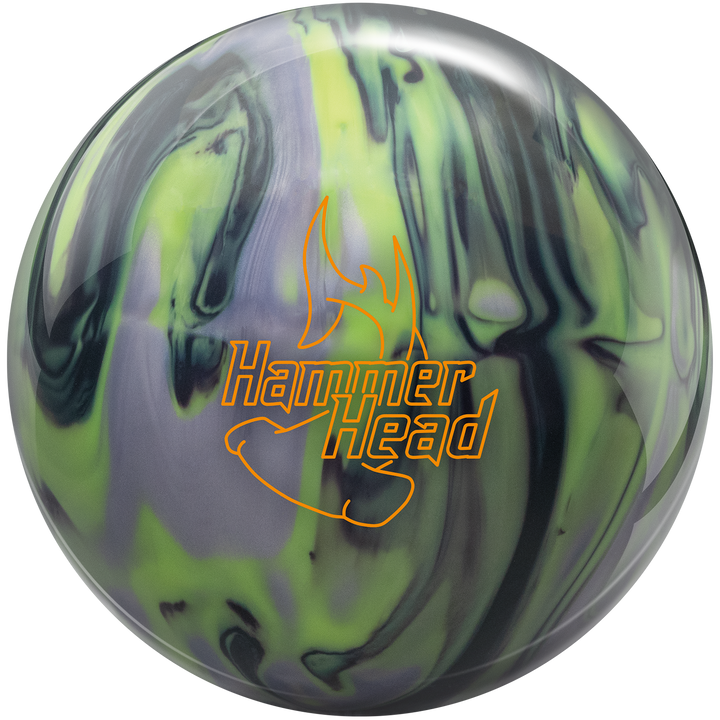 An onyx black, silver, and yellow colored bowling ball with the Hammerhead logo in orange centered prominently.