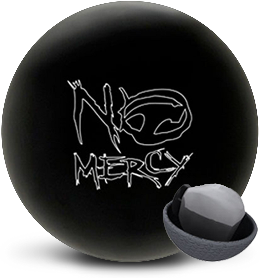 A black bowling ball with the No Mercy logo in white centered prominently also with a small core image in the lower right-hand corner.