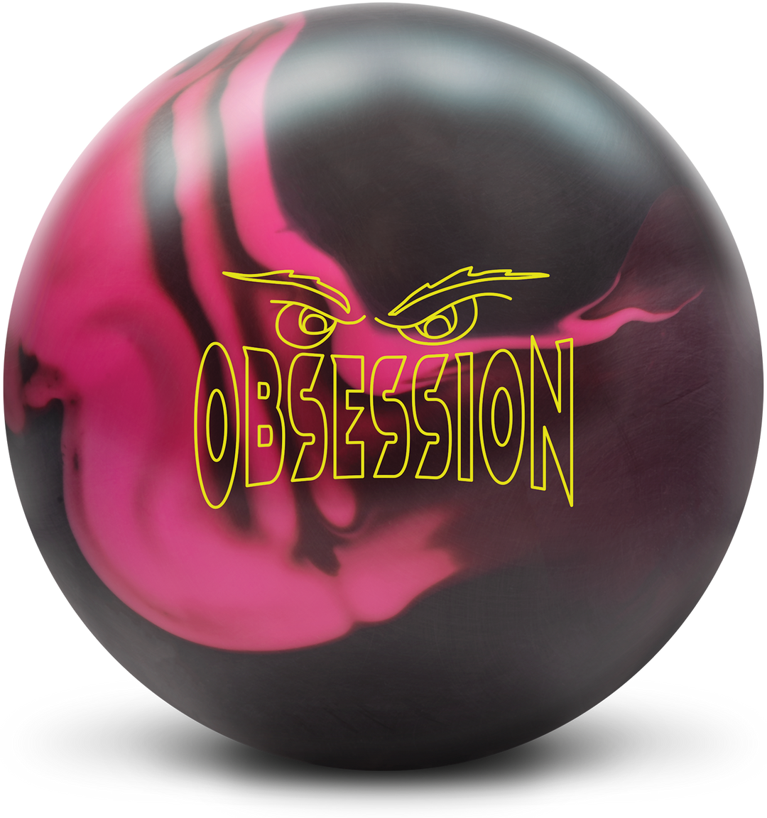A black, pink, and burgundy colored bowling ball with the Obsession logo in bright yellow centered prominently.
