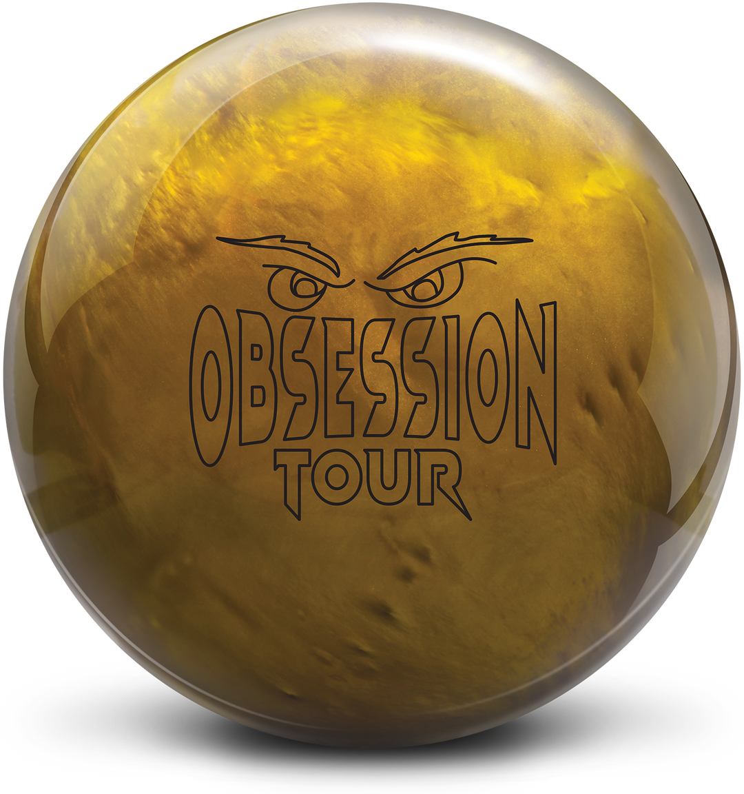 A golden-pearl colored bowling ball with the Obsession Tour logo in black centered prominently.