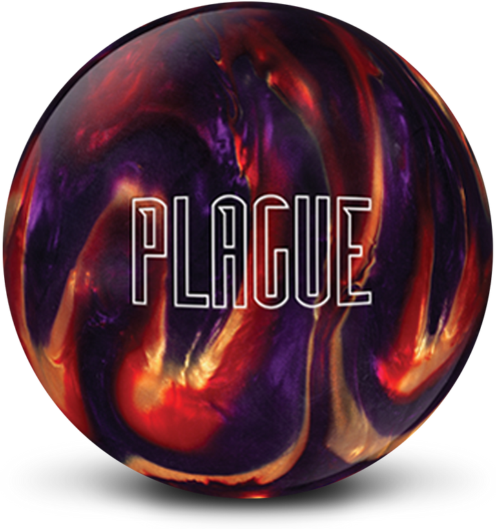 A purple, red, and gold colored bowling ball with the Plague logo in white centered prominently.