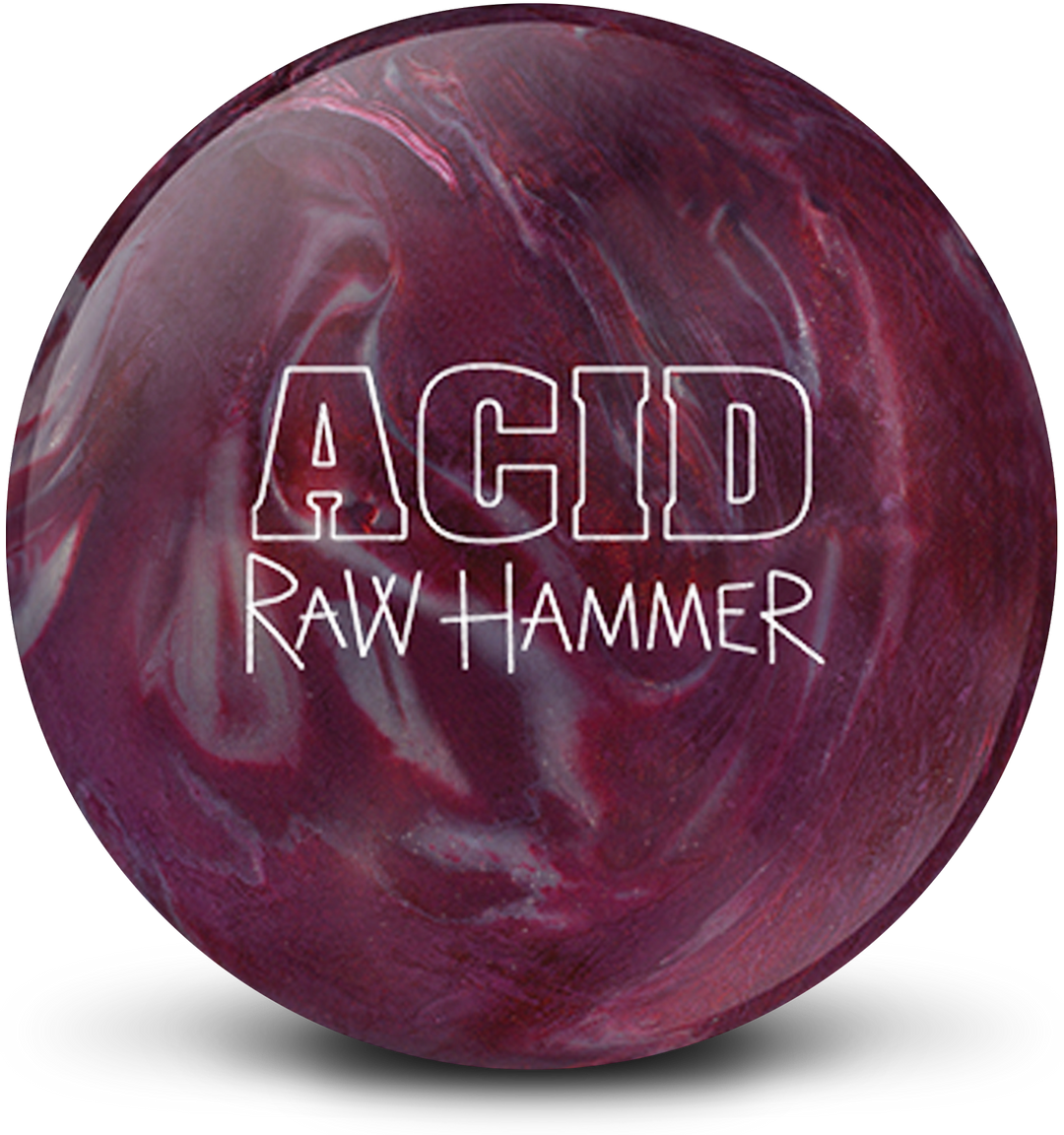 A burnt red and silver colored bowling ball with the Raw Hammer Acid logo in white centered prominently.