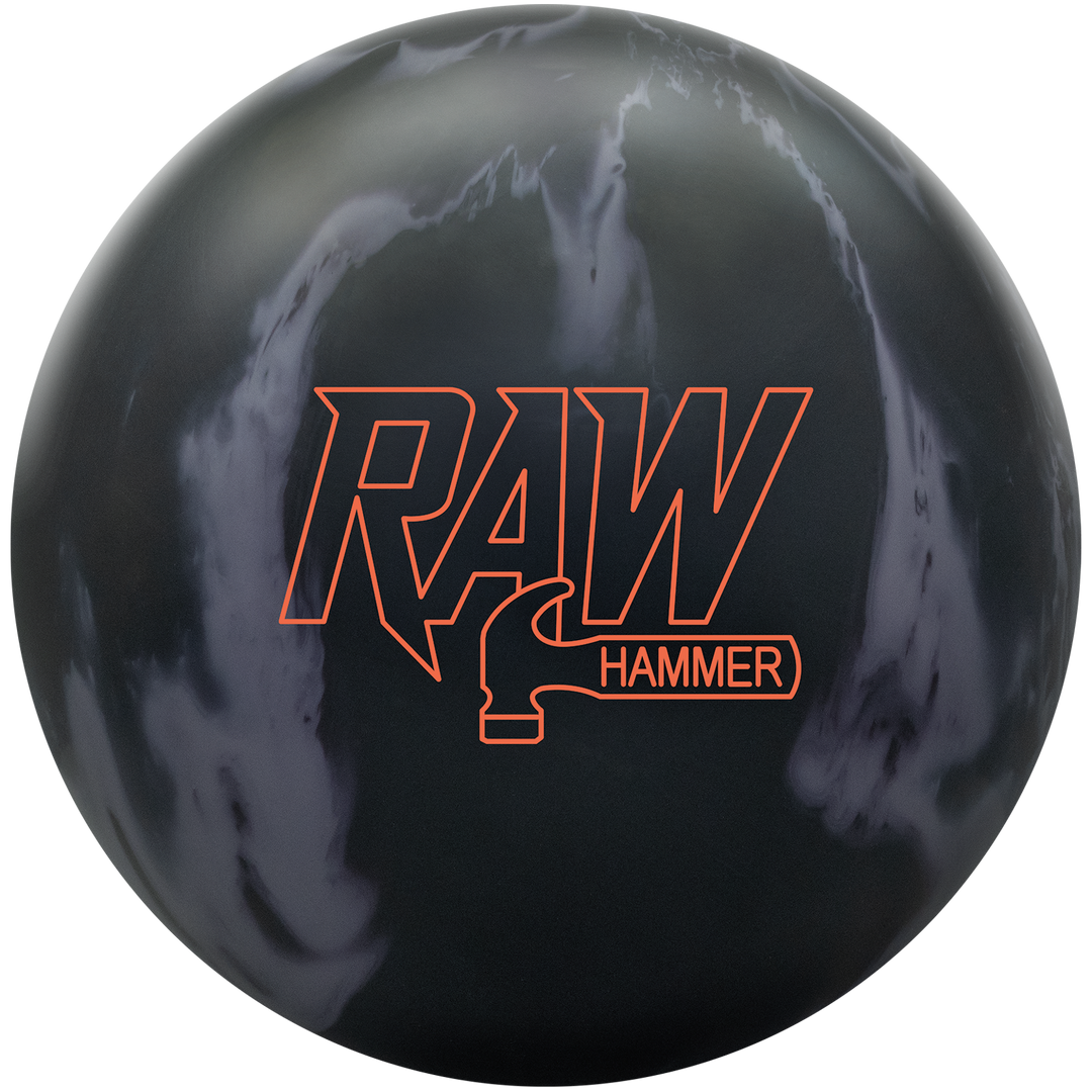 A black and grey colored bowling ball with the Raw Hammer logo in orange centered prominently.
