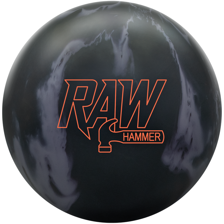 A black and grey colored bowling ball with the Raw Hammer logo in orange centered prominently.