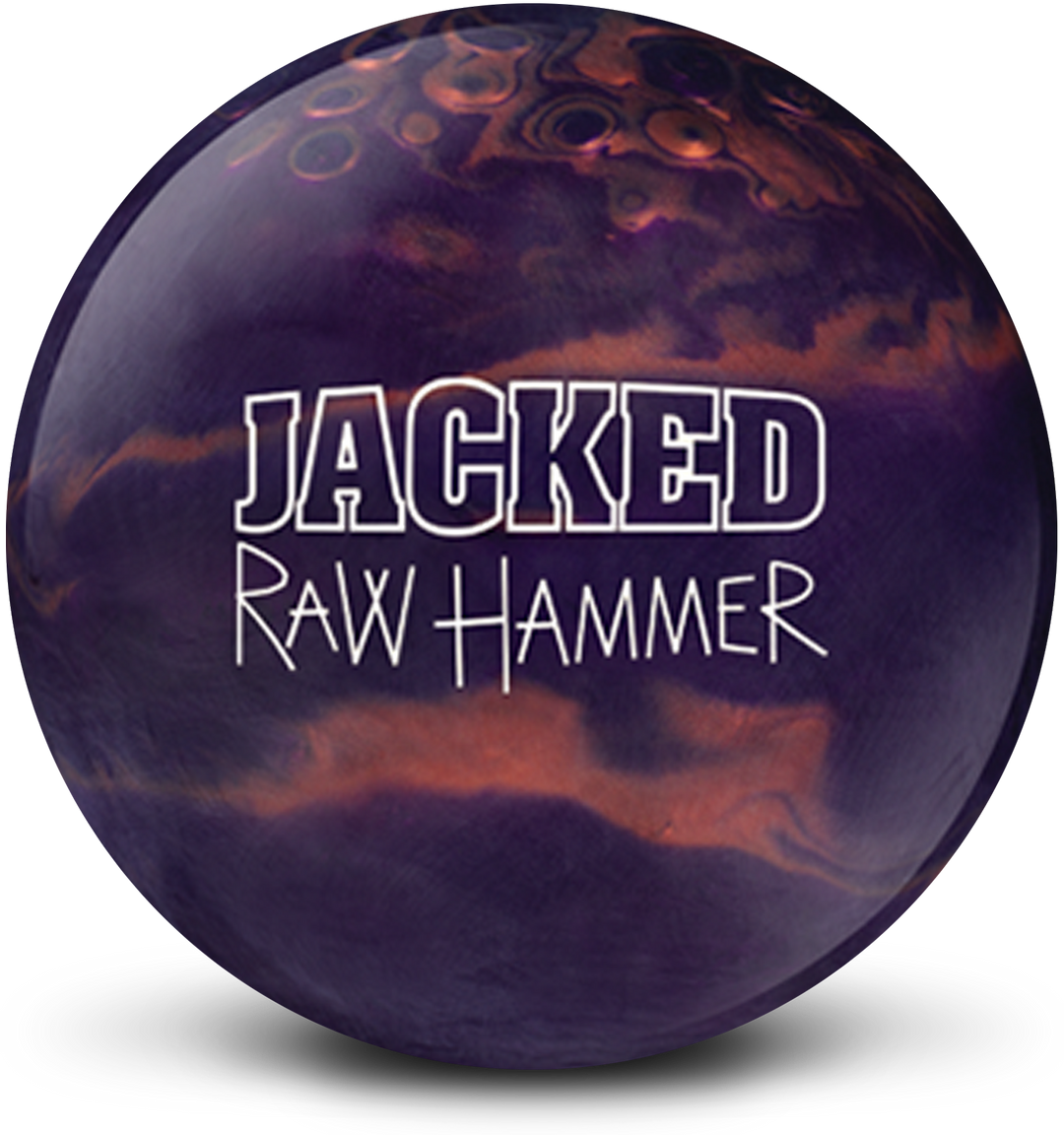 A violet and copper colored bowling ball with the Raw Hammer Jacked logo in white centered proinently.
