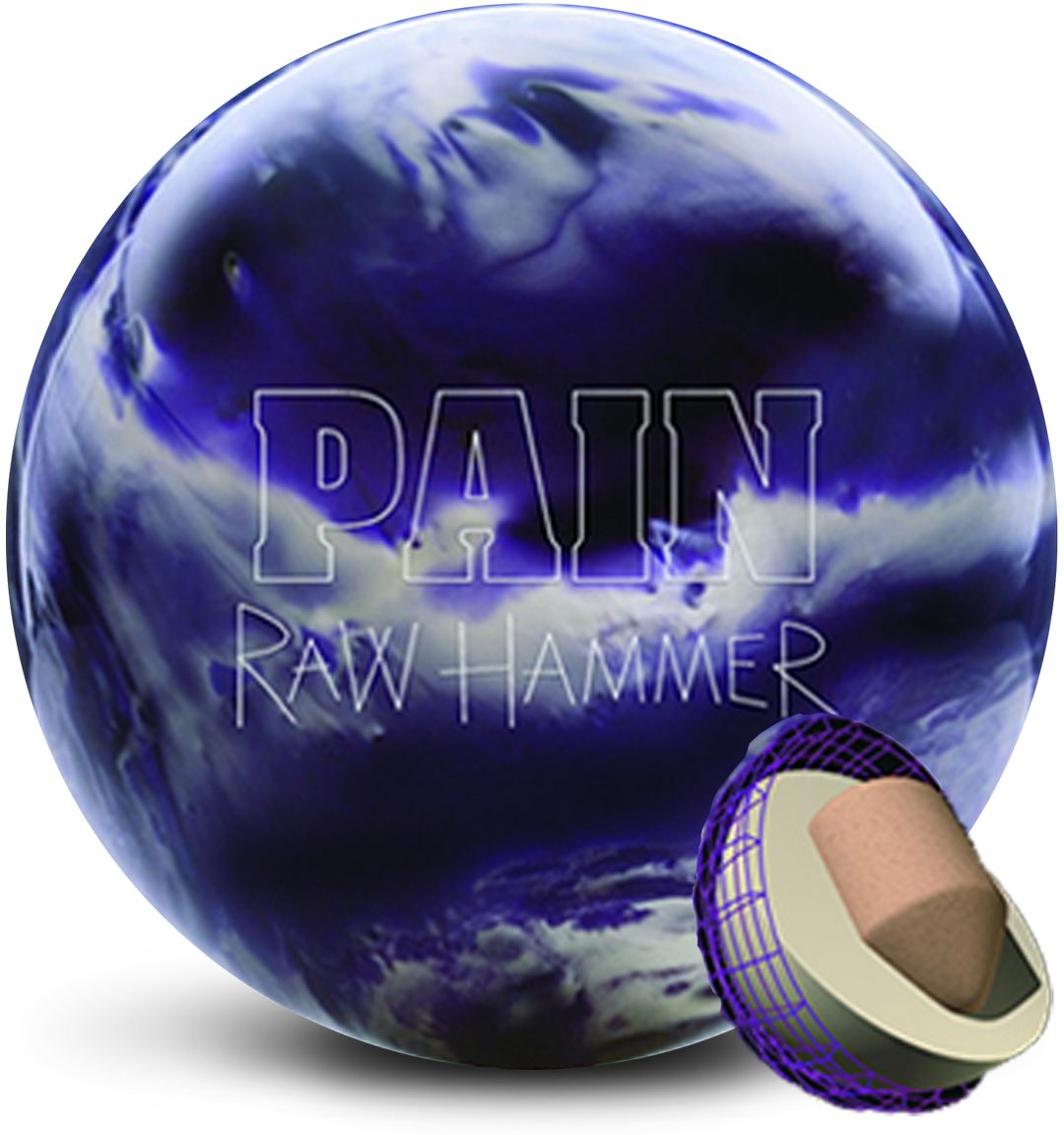 A dark blue colored bowling ball with white swirled throughout and the Raw Hammer Pain logo in white centered prominently.