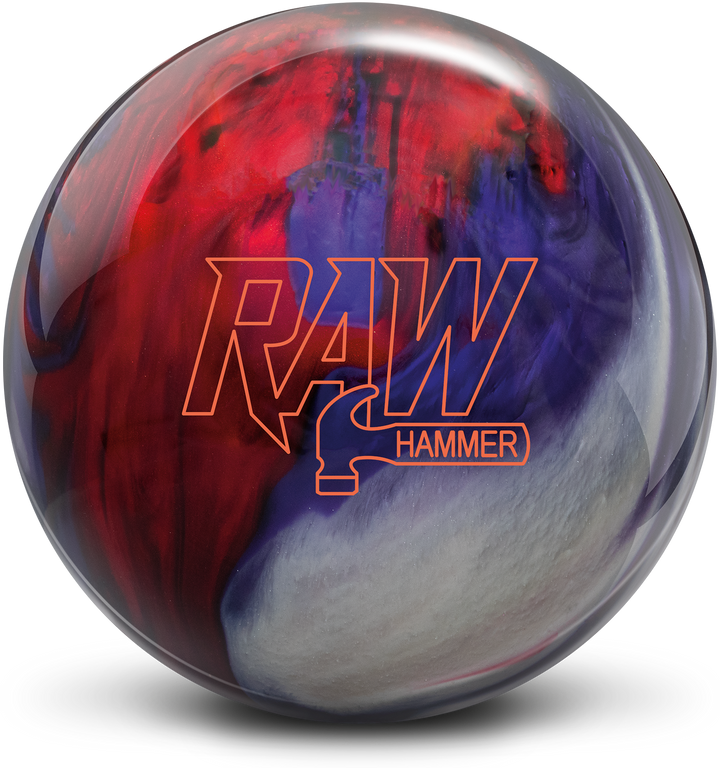 A red, white, and purple colored bowling ball with the Raw Hammer logo in orange centered prominently.
