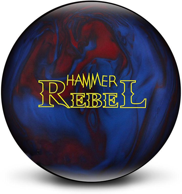 A red and blue colored bowling ball with the Hammer Rebel logo in bright yellow centered prominently.