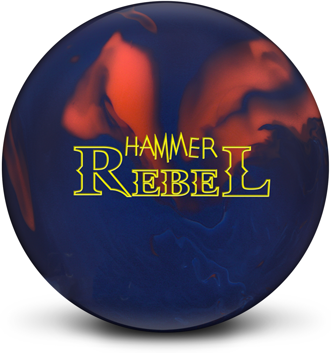 A blue and orange colored bowling ball with the Hammer Rebel logo in bright yellow centered prominently.