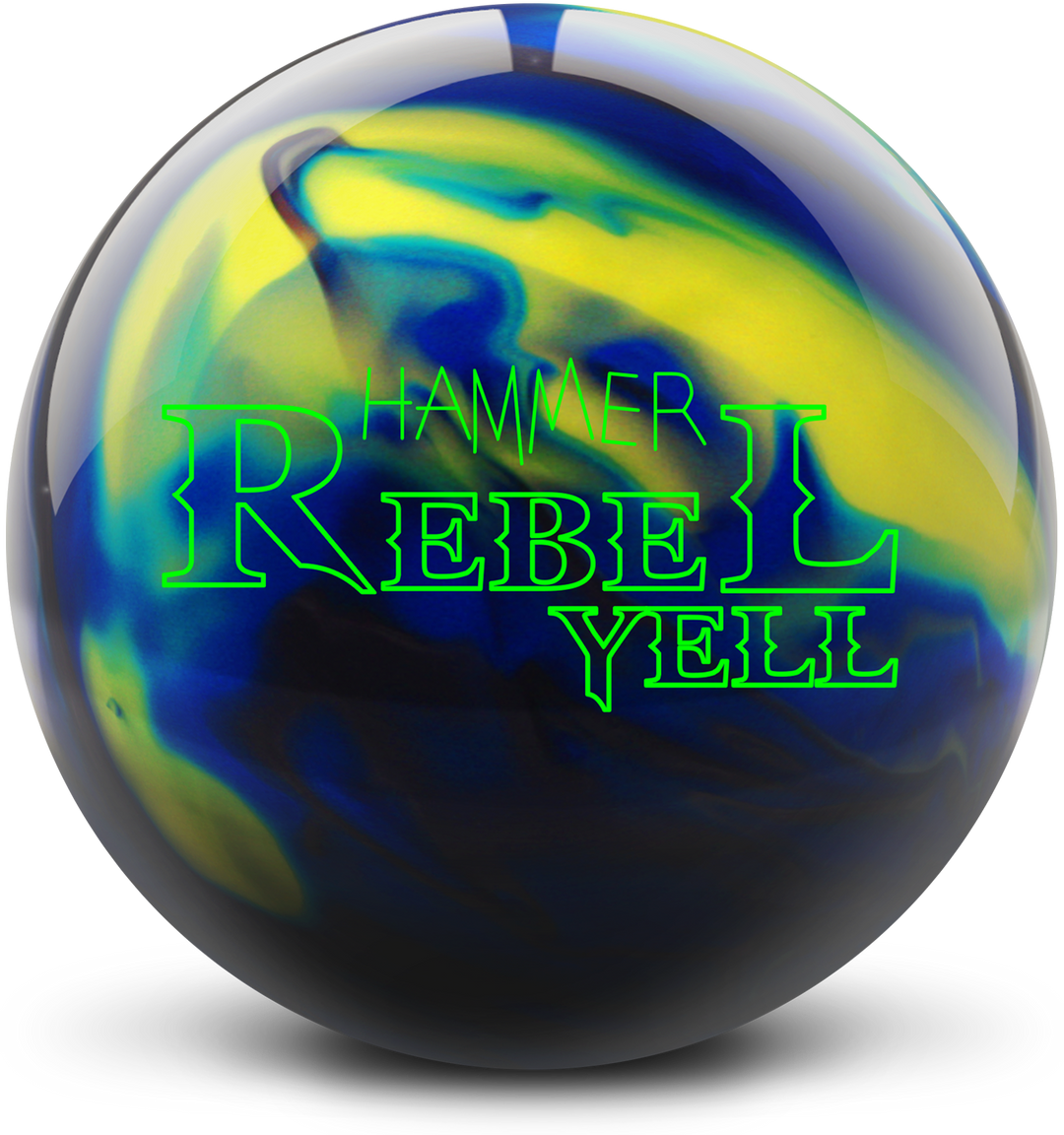 A steel, yellow, and blue colored bowling ball with the Hammer Rebel Yell logo in bright green centered prominently.
