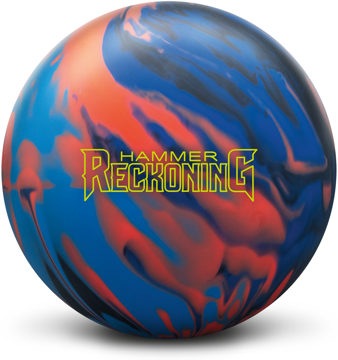 A black, navy, orange, and sky colored bowling ball with the Hammer Reckoning logo in yellow centered prominently.