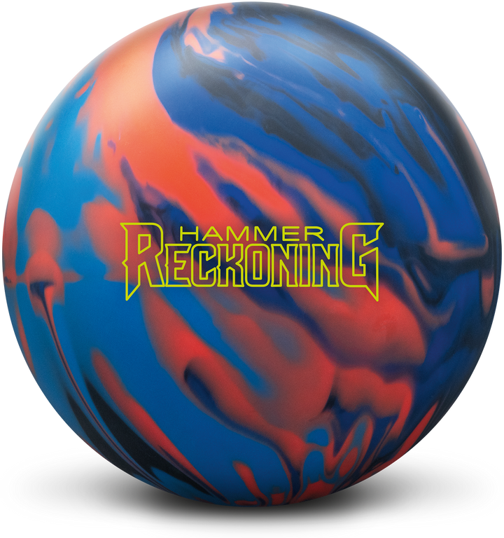 A black, navy, orange, and sky colored bowling ball with the Hammer Reckoning logo in yellow centered prominently.