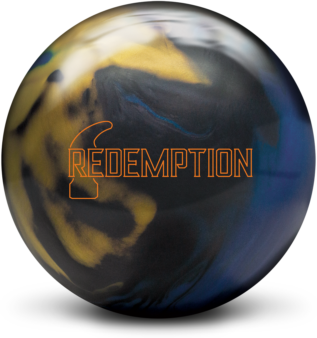 A black, blue, and gold colored bowling ball with the Redemption logo in orange centered prominently.