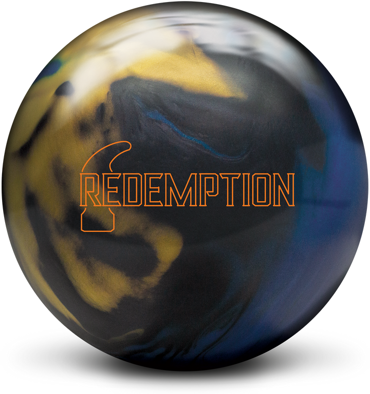 A black, blue, and gold colored bowling ball with the Redemption logo in orange centered prominently.