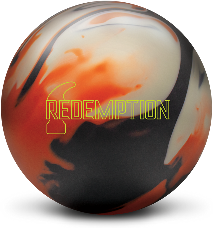 A black, orange, and white bowling ball with the Redemption logo in neon yellow centered prominently.
