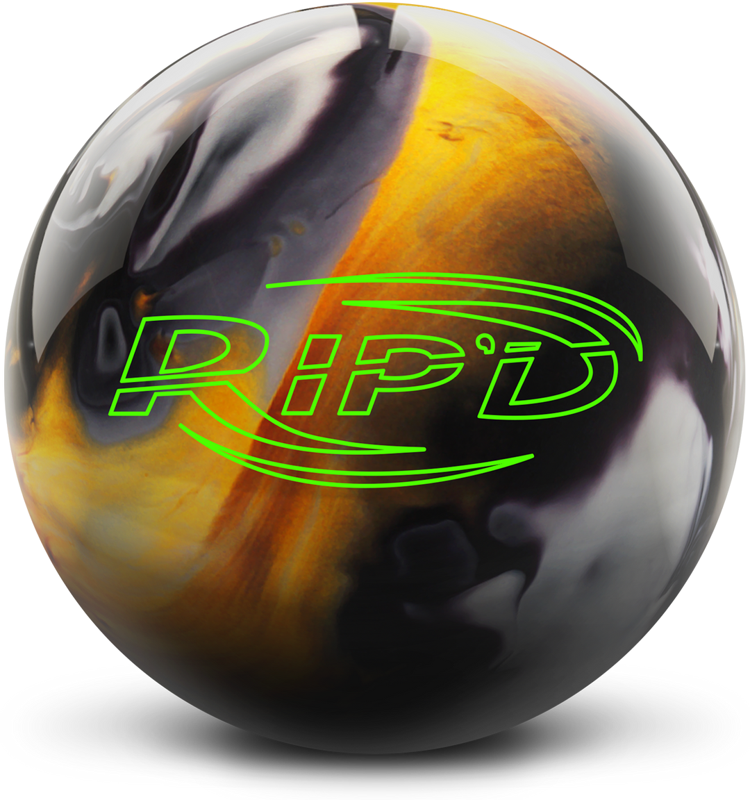 A black, gold, and white colored bowling ball with the RIP'D logo in neon green centered prominently.