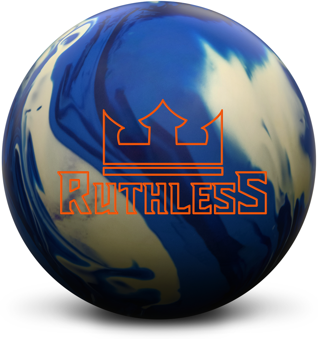 A blue, dark blue, and white colored bowling ball with the Ruthless logo in orange centered prominently.