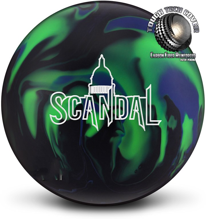A blue, green, and black colored bowling ball with the Scandal logo in white centered prominently and with a small image of the Tough Tech Cover in the upper right-hand corner.