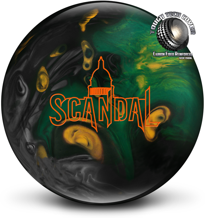 A green, smoke, and gold colored bowling ball with the Scandal logo in orange centered prominently with a small image of the Tough Tech Cover icon in the upper right-hand corner.