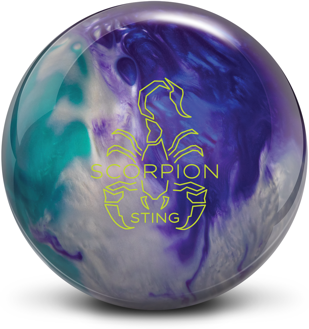 A teal, silver, and purple colored bowling ball with the Scorpion Sting logo in neon green centered prominently.