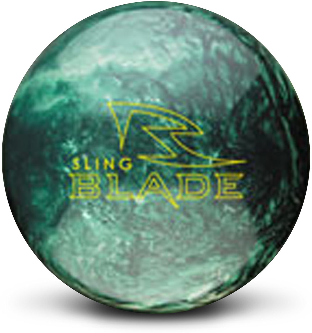 A green and silver bowling ball with the Sling Blade logo in yellow centered prominently.