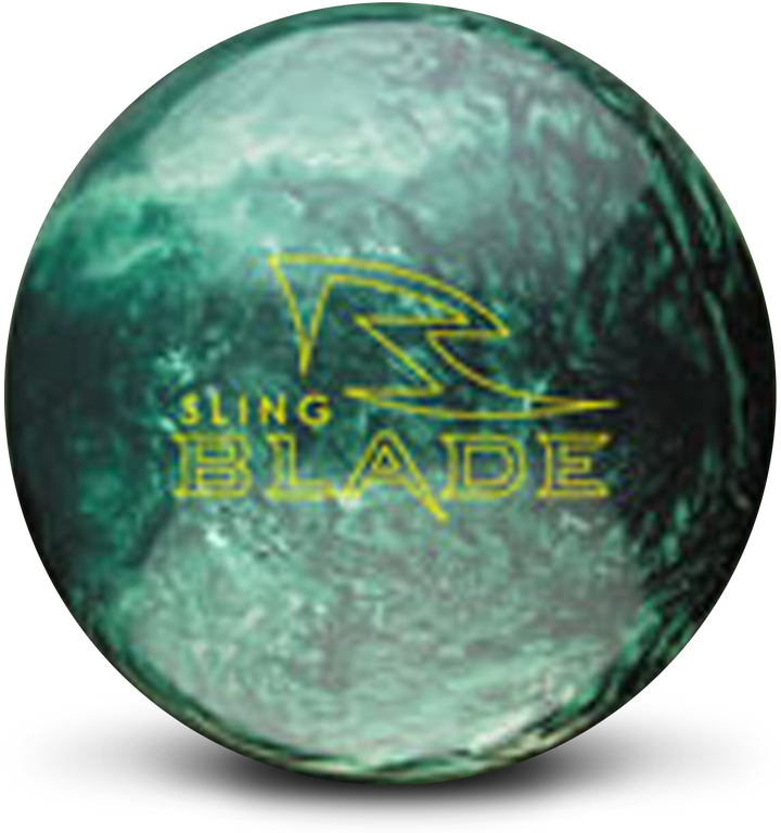 A green and silver bowling ball with the Sling Blade logo in yellow centered prominently.