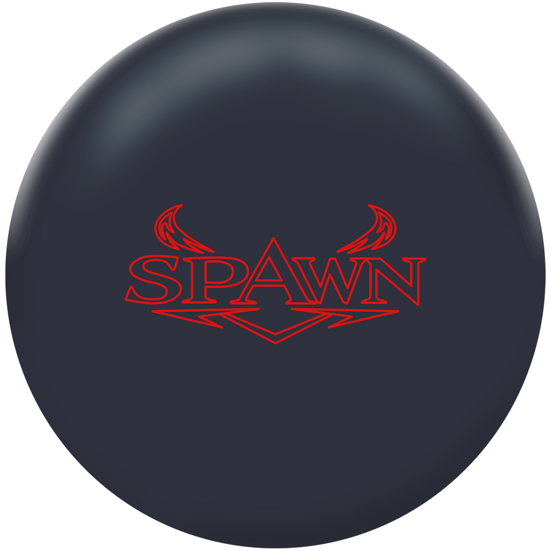 A black colored bowling ball with the Spawn logo in red centered prominently.