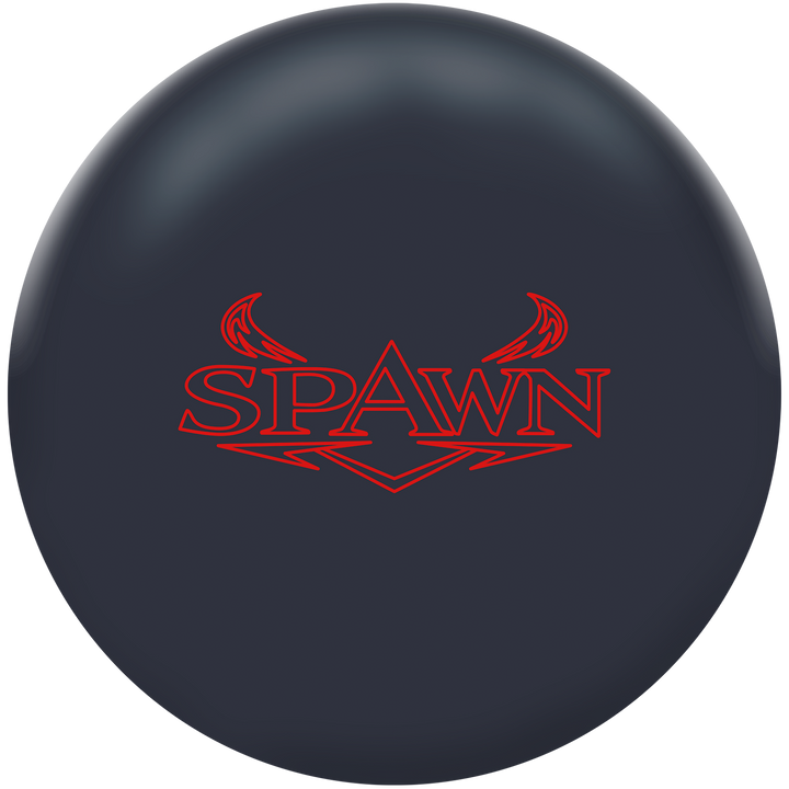 A black colored bowling ball with the Spawn logo in red centered prominently.